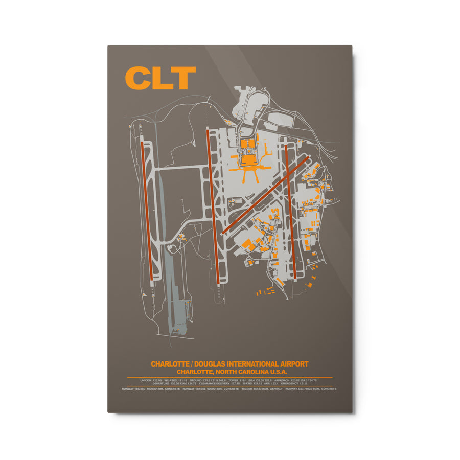 KCLT Charlotte Douglas International Airport Glossy Metal Art Print, 24x36